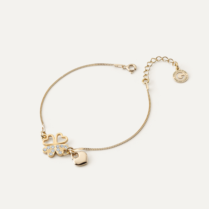 Bracelet heart and clover with cubic zirconia, sterling silver 925, gold plated