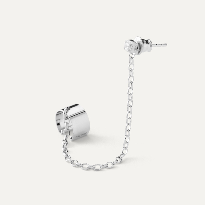 Ohrstulpe mit Kette mit weißem 3 mm Zirkonia, 925er Silber platiniert