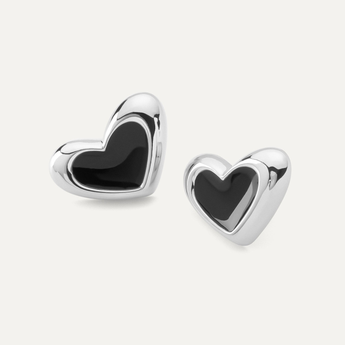 Asymmetrical heart earrings with black resin, sterling silver 925, platinum plated