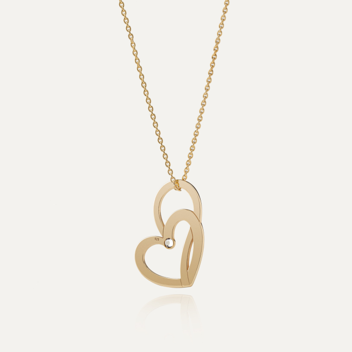 Necklace with double hearts and cubic zirconia, sterling silver 925, gold plated