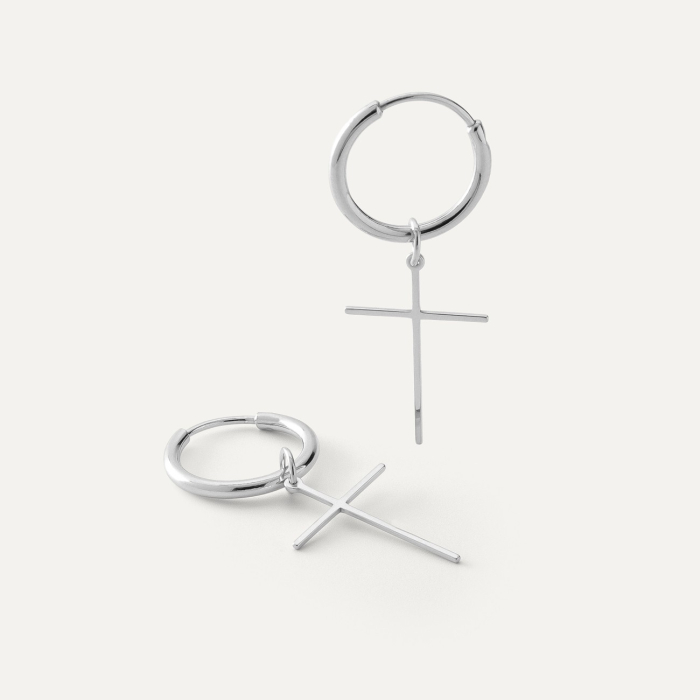 Silver hoop earrings 1.7 cm with a cross platinum plated