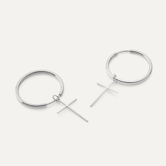 Silver hoop earrings 2.5 cm with a cross platinum plated