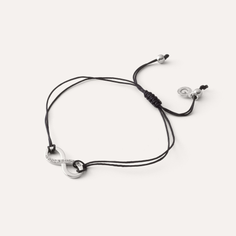 Infinity bracelet with cubic zirconia on cord, sterling silver 925 platinum plated