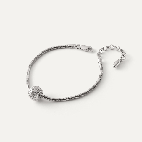 Bransoletka Slim z ażurową kulką z cyrkoniami typu beads, srebro 925 pokryte platyną