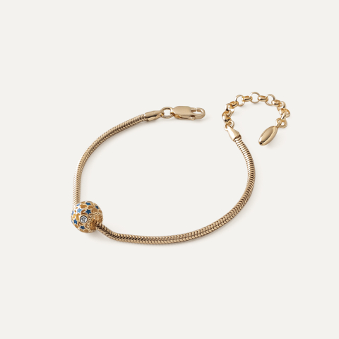 Bransoletka Slim z ażurową kulką z niebieskimi gwiazdkami typu beads, srebro 925 w złotym pokryciu