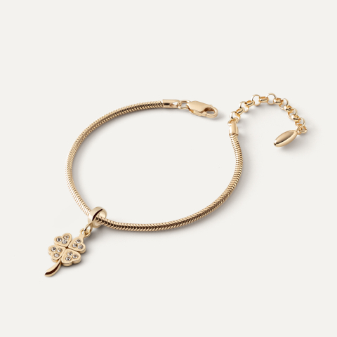 Bransoletka Slim z zawieszką typu beads – koniczynka z cyrkoniami na łodyżce, srebro 925 w złotym pokryciu