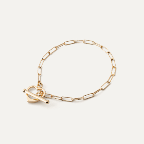 Bracelet with large links, heart with toggle clasp, sterling silver 925, gold plated