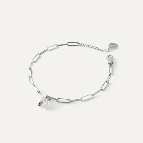Bracelet with regular round pearl, sterling silver 925 platinum plated