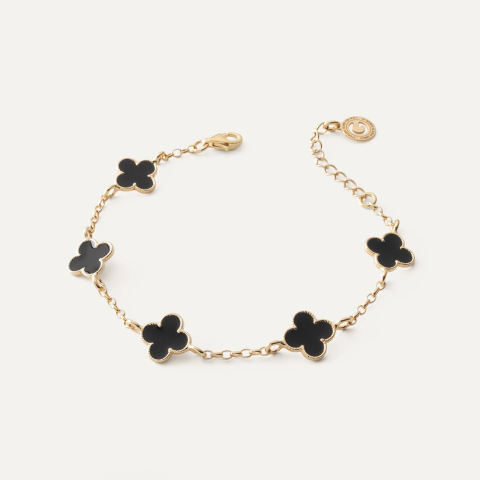 Bracelet with five clovers made of black resin on rolo chain, 925 silver with gold plating