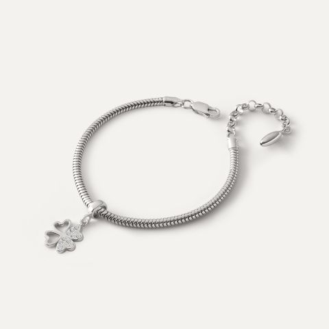 Bransoletka z zawieszką typu beads – koniczynka z cyrkoniami, srebro 925 pokryte platyną