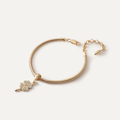 Bracelet with Beads Pendant – Clover with Cubic Zirconia and Stem, Sterling Silver 925, gold plated