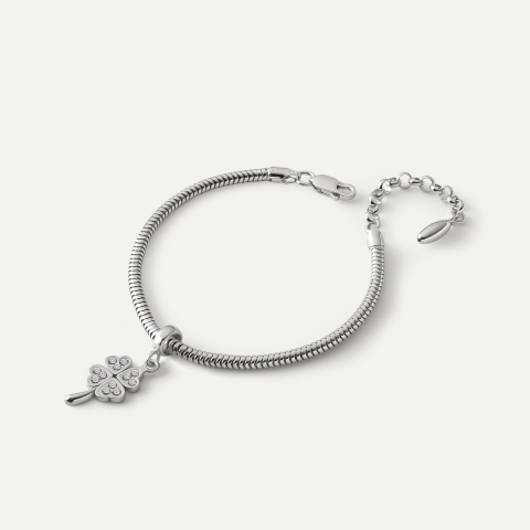 Bransoletka z zawieszką typu beads – koniczynka z cyrkoniami na łodyżce, srebro 925 pokryte platyną