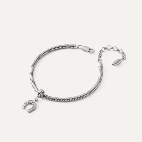 Bransoletka z zawieszką typu beads – podkowa z cyrkoniami, srebro 925 pokryte platyną