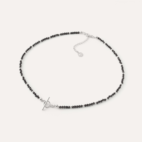 Choker with black stones and toggle clasp, sterling silver 925 platinum plated