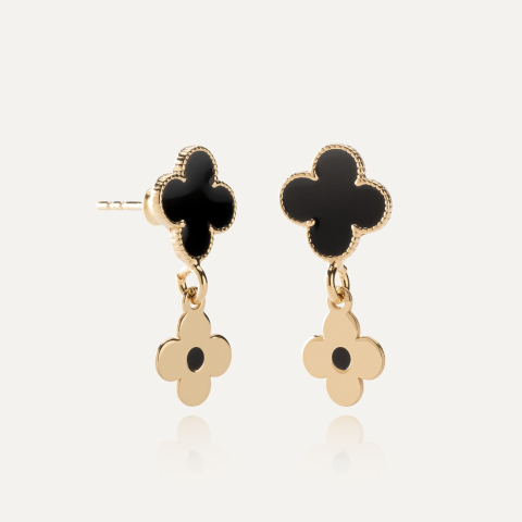 Earrings clover made of black resin with dangling plate, 925 silver with gold plating