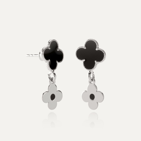 Earrings clover made of black resin with dangling plate, 925 silver, platinum plated