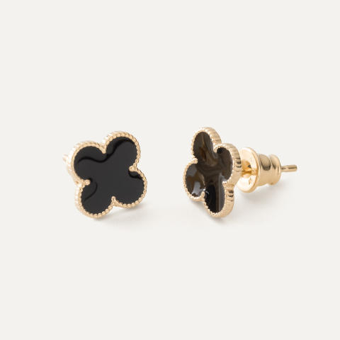 Earrings small clover made of black resin on post, 925 silver in gold plating