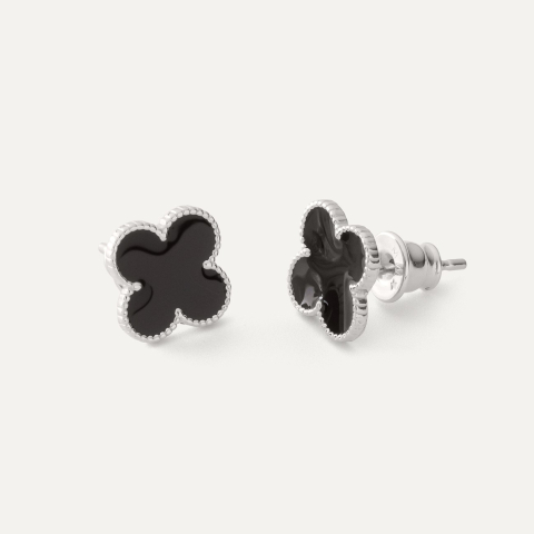 Earrings small clover made of black resin on post, 925 silver, platinum plated