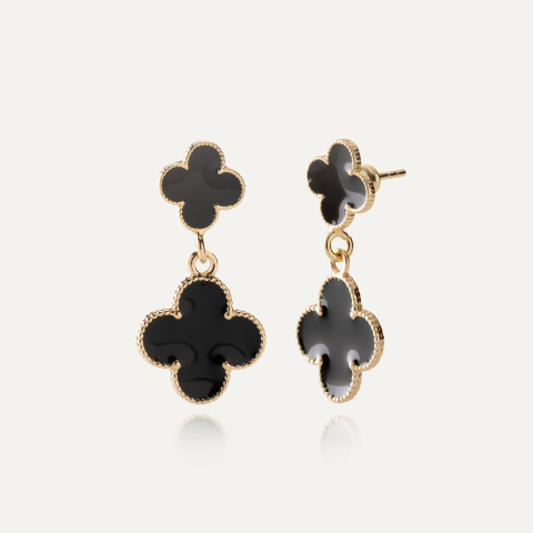 Dangling earrings - clovers with black resin, 925 silver with gold plating