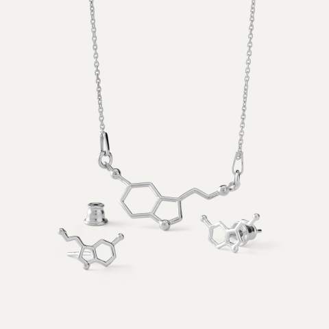 Komplet biżuterii molekularnej – serotonina, srebro 925 w pokryciu platyną
