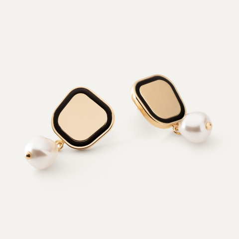 Square earrings with black resin and pearl, sterling silver 925 gold plated