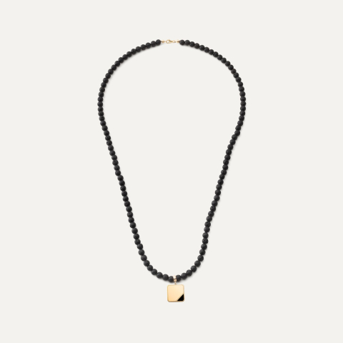 Men's necklace - volcanic lava with a square pendant, silver 925 gold plated