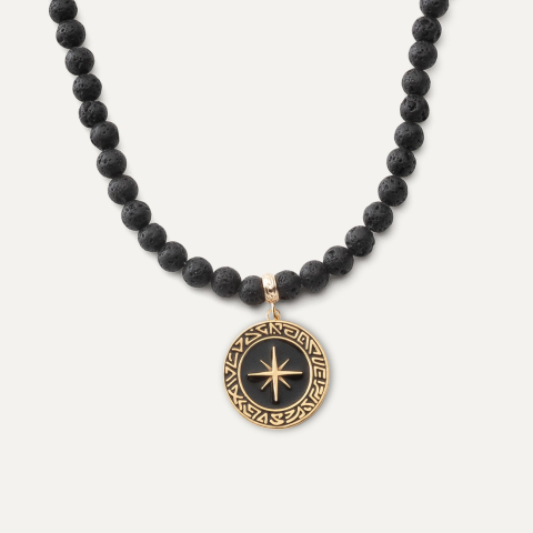Men's necklace - volcanic lava, compass pendant, sterling silver 925 gold plated