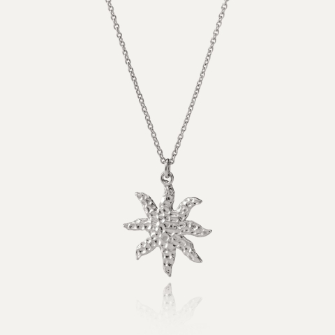 Hammered sun necklace, sterling silver 925 platinum plated