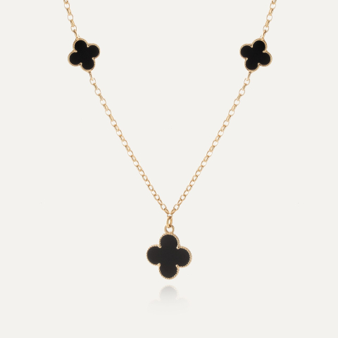 Necklace with clovers made of black resin, 925 silver with gold plating