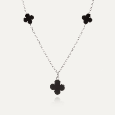 Necklace with clovers made of black resin, sterling silver 925 platinum plated