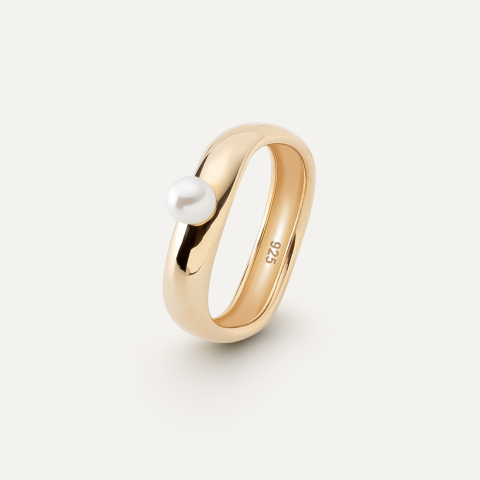 Wave ring with pearl, silver 925, gold plated