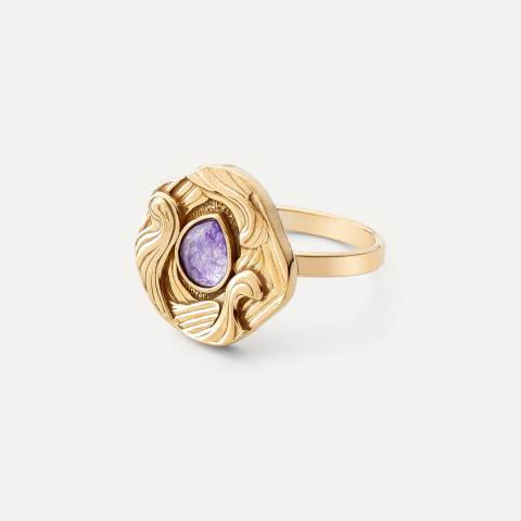 Talisman-Ring mit einem Stein – lila Jade, 925er Silber, vergoldet