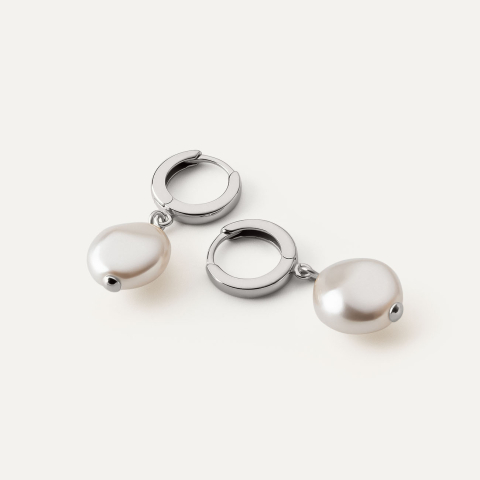 Silver dangling earrings with an irregular pearl platinum plated