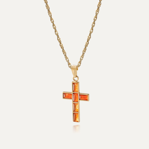 Silver chain with a cross - orange jade gold plated