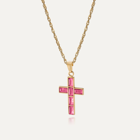 Silver chain with a cross - pink jade gold plated