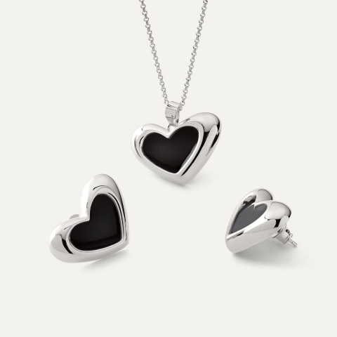Schmuckset mit Herzen aus schwarzem Harz, 925er Silber platiniert
