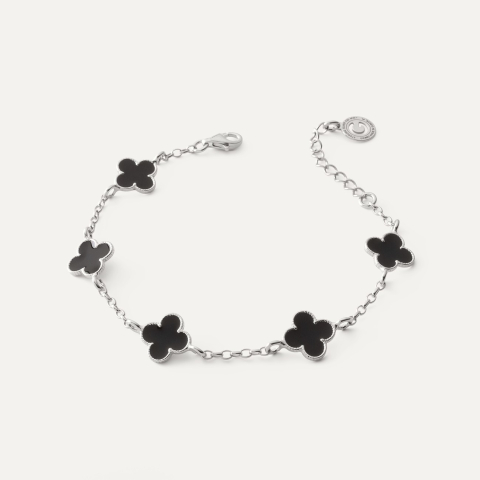 Bracelet with five clovers made of black resin on rolo chain, 925 silver, platinum plated
