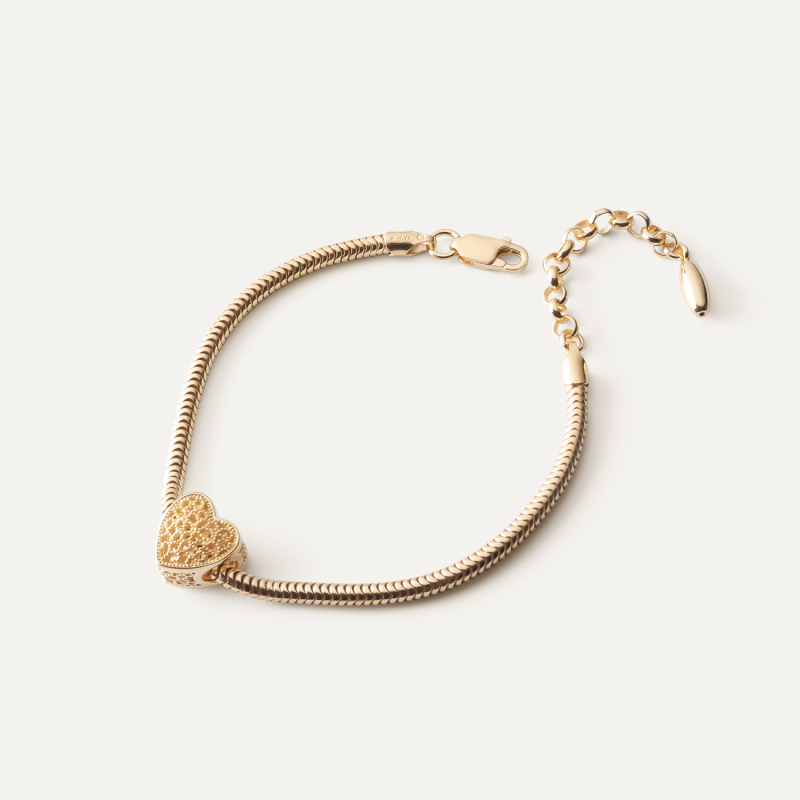 Bracelet with Filigree Heart on Snake Chain, sterling silver 925, gold plated
