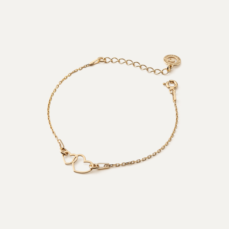 Adjustable bracelet two hearts, sterling silver 925, gold plated