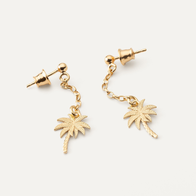 Palm tree chain earrings, 925 silver with gold plating