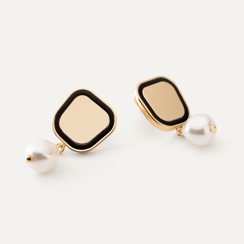 Square earrings with black resin and pearl, sterling silver 925 gold plated