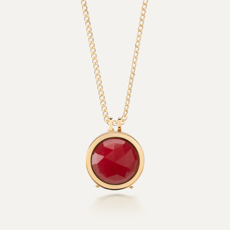 Locket pendant necklace, engraved & foto - red jade, 925 silver with gold plating