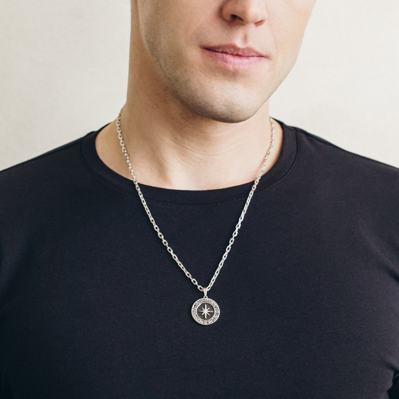 Men's compass necklace, sterling silver 925 platinum plated                                    