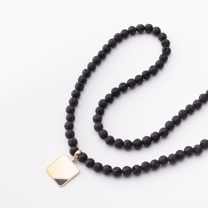 Men's necklace - volcanic lava with a square pendant, silver 925 gold plated                                    