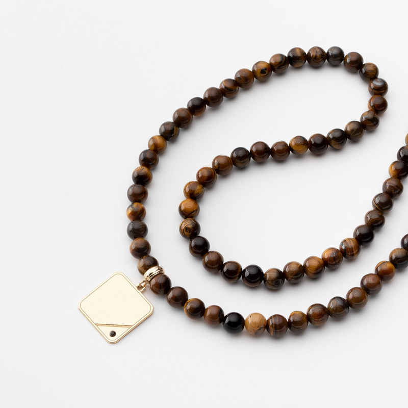 Men's necklace - tiger eye, square with crystal, silver 925 gold plated                                    