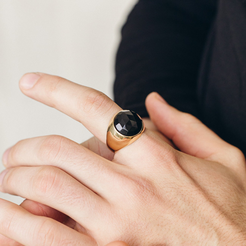 Herren-Siegelring – schwarzer Onyx, 925er Silber mit Vergoldung                                    