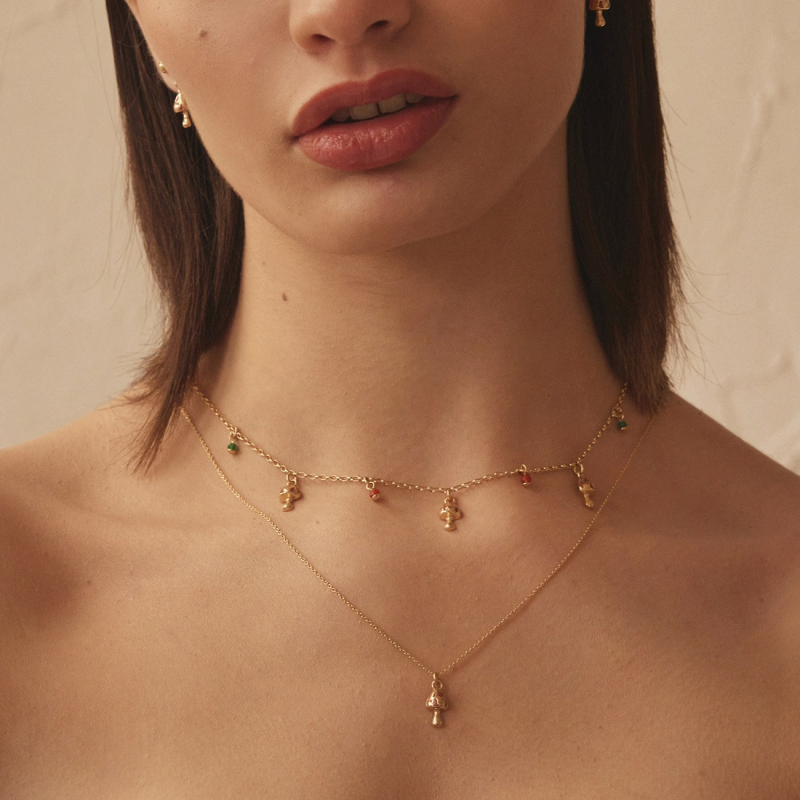 Mushroom necklace, sterling silver 925 platinum plated                                    