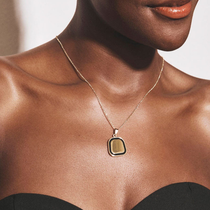 Black resin square necklace, sterling silver 925 gold plated                                    