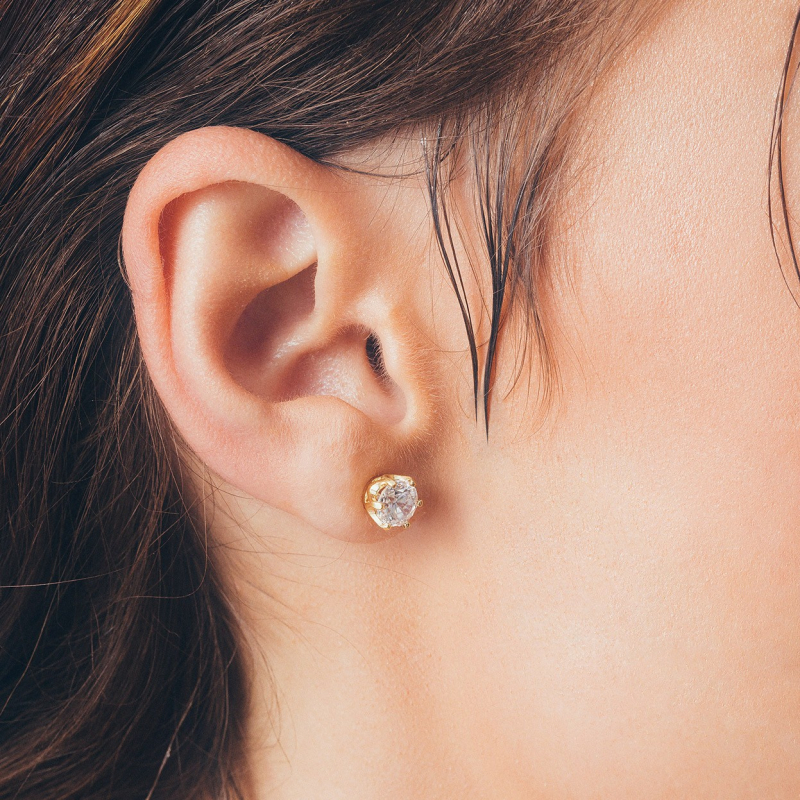 Earrings zirconia 6 mm, sterling silver 925 gold plated                                    