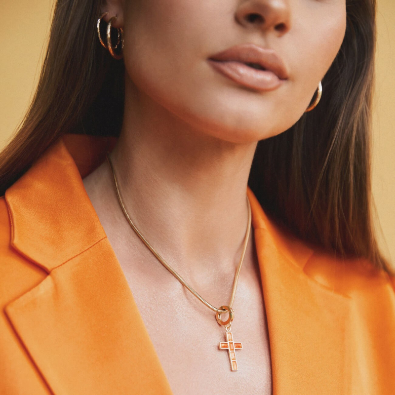 Silver chain with a cross - orange jade gold plated                                    